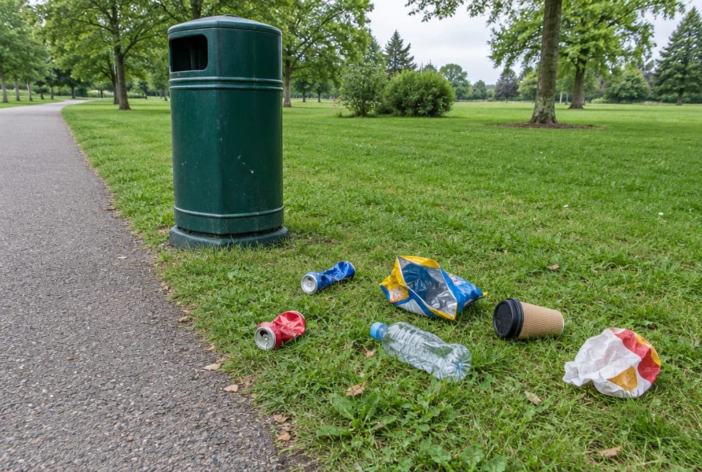 Vorher: zwei Dosen, eine Flasche, eine Chipstüte, ein Becher und Papier liegen im Gras neben dem Parkweg