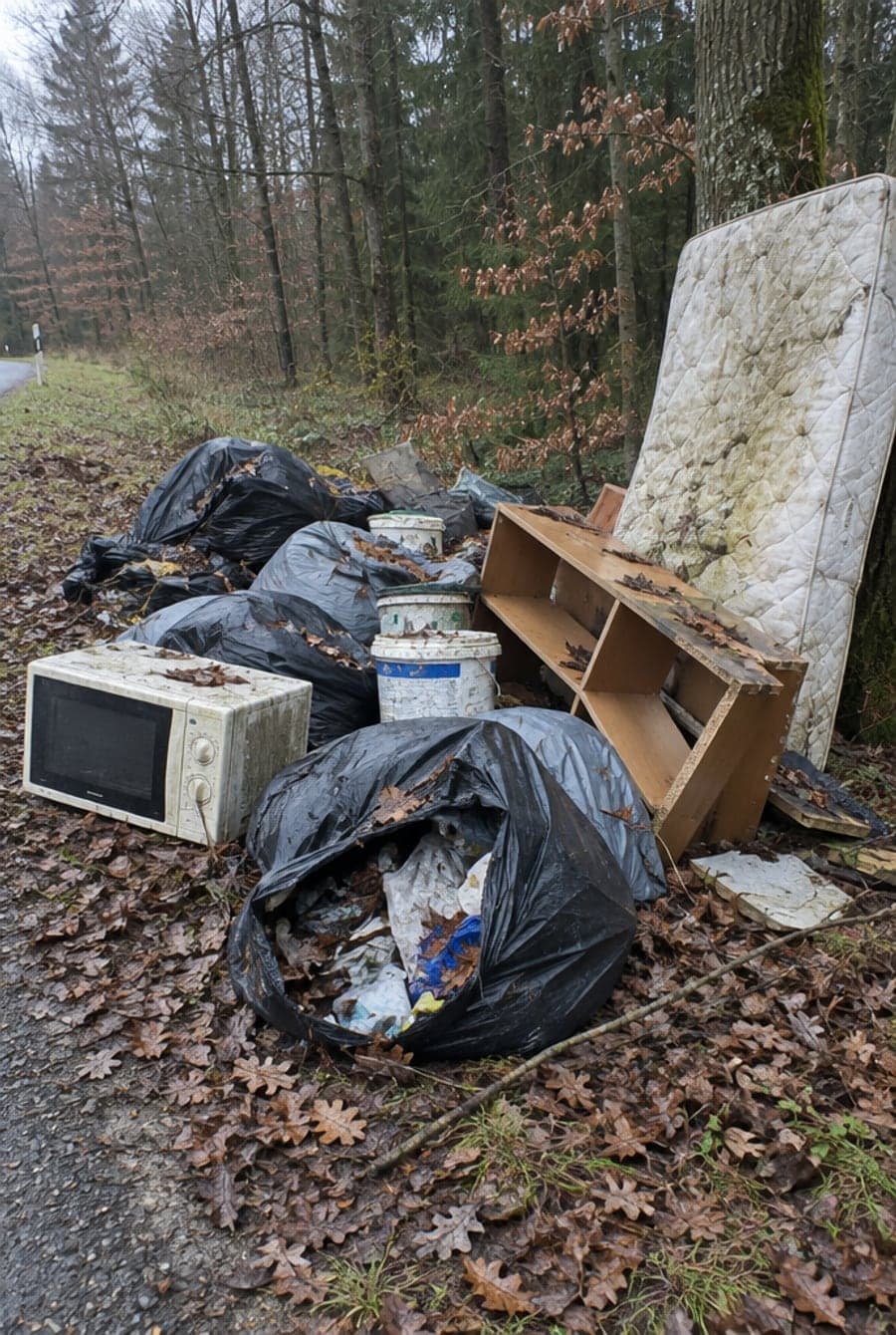 Foto einer Müllablagerung am Waldrand: Müllsäcke, eine Mikrowelle, Farbeimer, ein Regal und eine Matratze