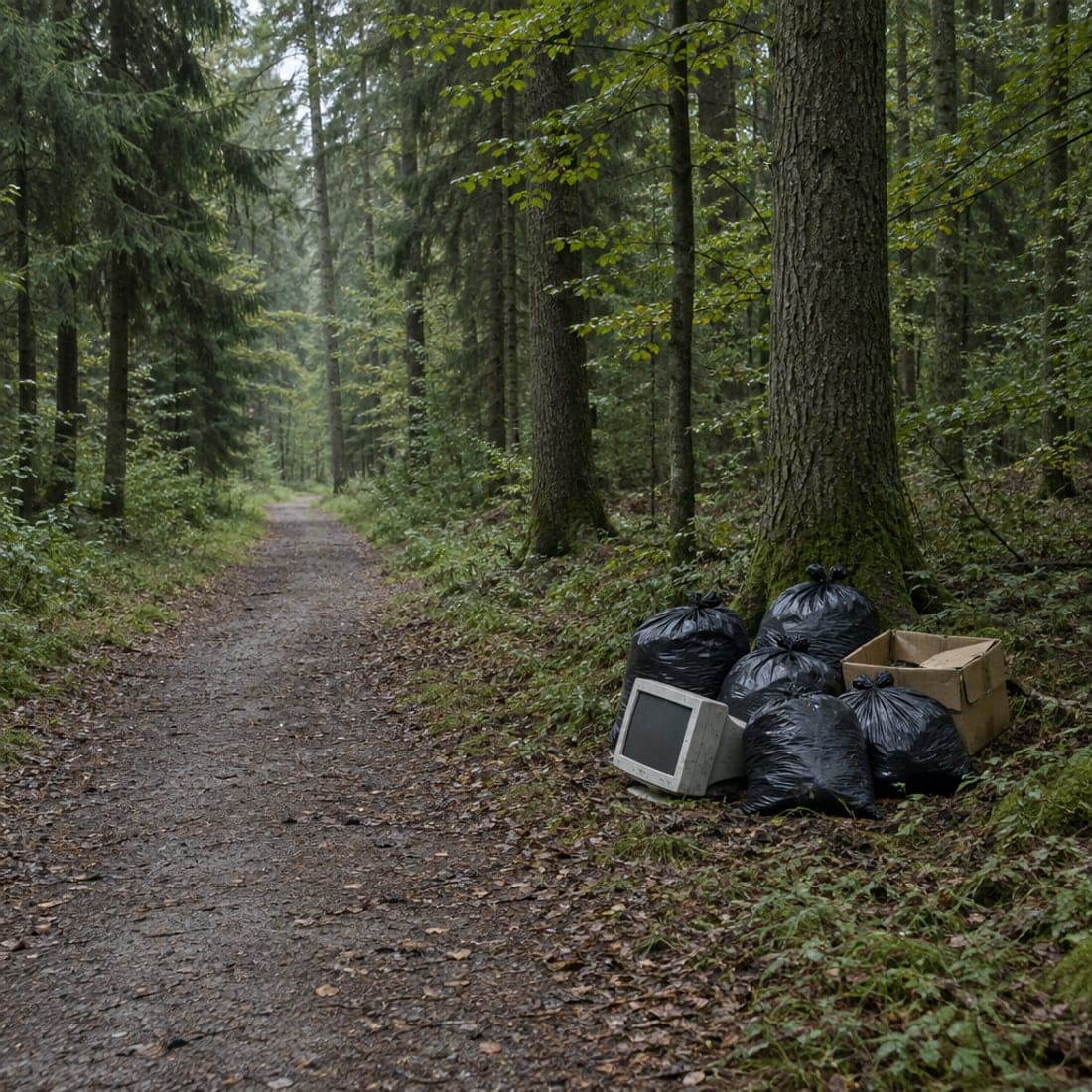 Müllsäcke, ein alter Monitor und ein Karton, abgeladen an einem Waldweg